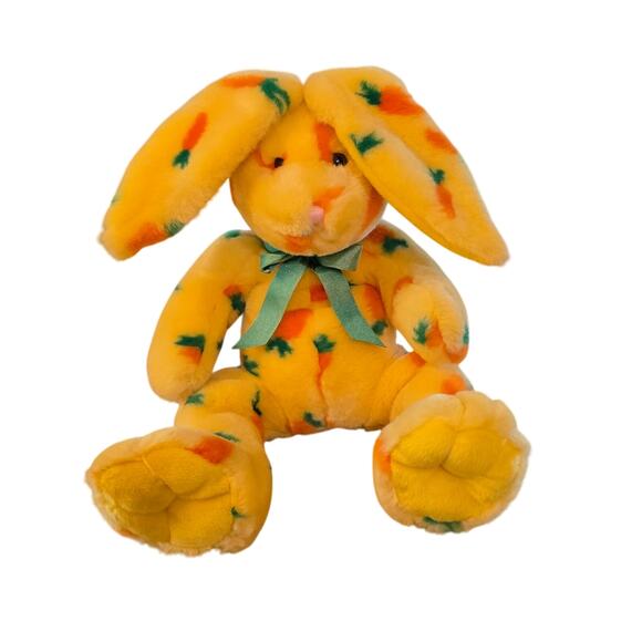 Petting Zoo Yellow Carrot Print Plush‎ Bunny Rabbit Bow 1994 - Picture 1 of 4